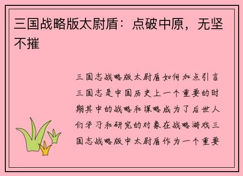 三国战略版太尉盾：点破中原，无坚不摧